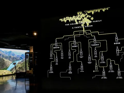 Panel iluminado con tipos de vino de Oporto en bodegas Cálem y pantalla del valle del Duero al fondo.