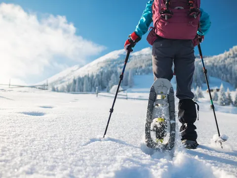 Persona con raquetas de nieve y bastones caminando sobre un paisaje nevado, con montañas y árboles cubiertos de nieve al fondo.