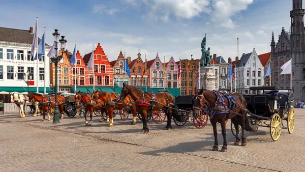 Caballos utilizados para carruajes en la Plaza del Mercado en Brujas, Bélgica