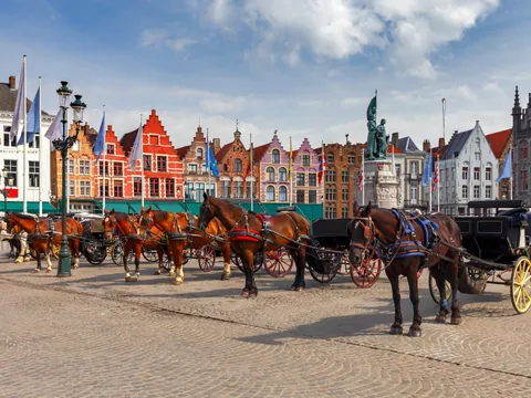 Caballos utilizados para carruajes en la Plaza del Mercado en Brujas, Bélgica