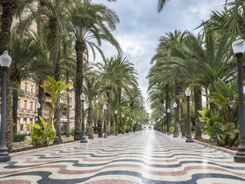 Paseo de la Explanada de España con palmeras y mosaico ondulado en Alicante