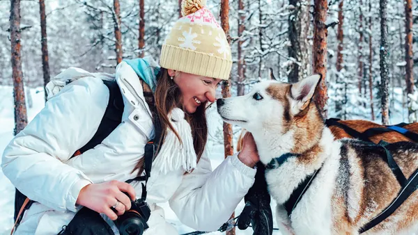 Mujer acariciando a un perro husky en un paisaje nevado, rodeado de árboles en un bosque ártico, típico de excursiones en Laponia.