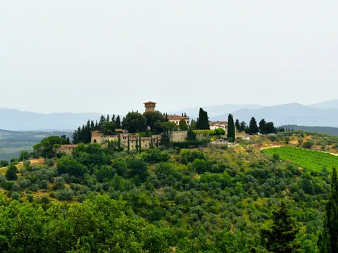 Pueblo medieval rodeado de viñedos en la Toscana