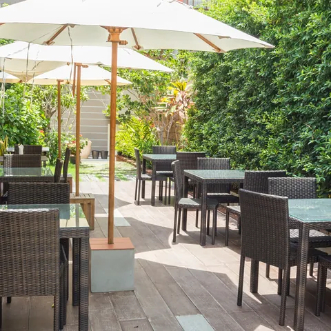 Terraza con vegetación y sombrillas en Santiago de Compostela - Mejores terrazas de Santiago - Blog - Buendía Tours