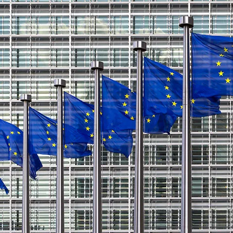 7 Banderas de la Unión Europea frente al edificio de la Comisión Europea de Bruselas