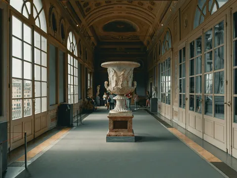 Galería interior del museo Uffizi en Florencia, Italia, con grandes ventanales, esculturas clásicas y una urna decorativa en el centro del pasillo iluminado.