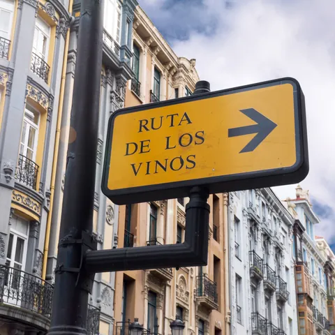 Señal con la dirección hacia la Ruta de los Vinos de Oviedo en una farola