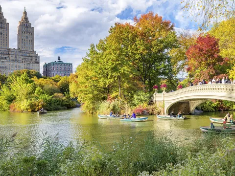 Puente Bow Bridge en Central Park durante el otoño en Nueva York, Estados Unidos