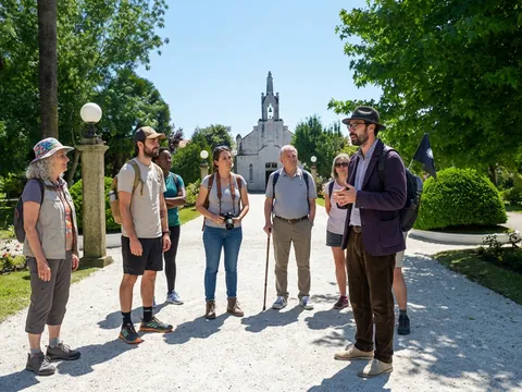 Guía de buendía explicando la historia de la Isla de la Toja en O Grove