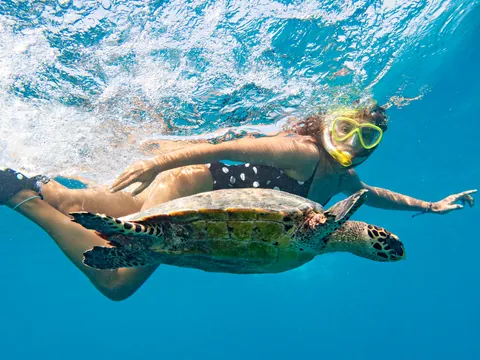 Mujer haciendo snorkel junto a una tortuga marina en la costa de Tenerife