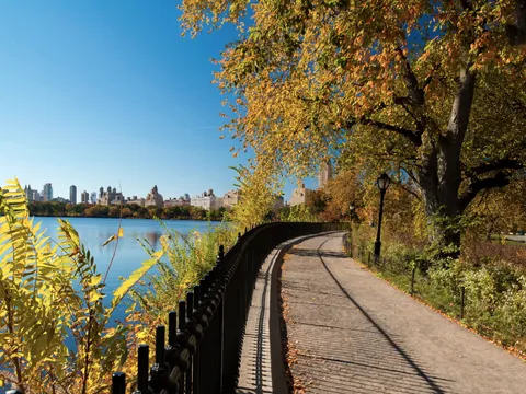 Sendero junto al lago en Central Park en otoño, Nueva York, Estados Unidos