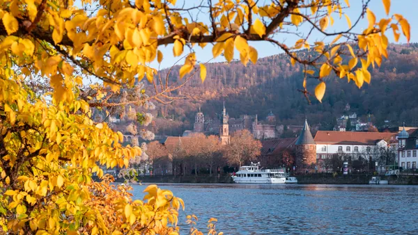 Río Neckar con vegetación otoñal y la ciudad de Heidelberg al fondo.