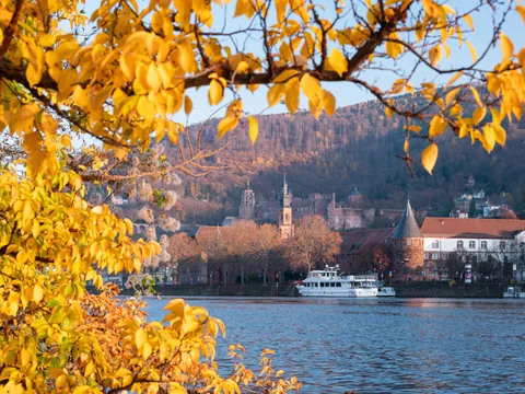 Río Neckar con vegetación otoñal y la ciudad de Heidelberg al fondo.