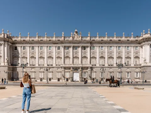 Facade of the Royal Palace of Madrid, one of the largest monarchical palaces in Western Europe.