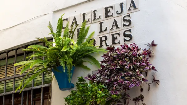 Calleja Las Flores con letrero y macetas de plantas colgantes, Córdoba, España
