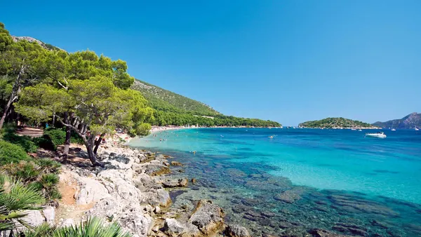 Vistas de la playa de Formentor revelan su arena dorada y aguas turquesa, un paraíso natural de serenidad.