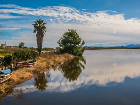 Barcas junto al lago en la Albufera de Valencia