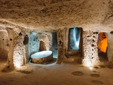 Interior de la ciudad subterránea de Kaymakli en Capadocia, Turquía