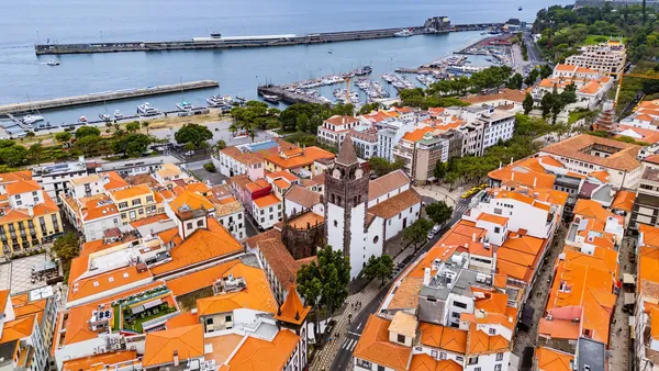 Vista aérea de la Catedral de Funchal y el puerto deportivo en Madeira