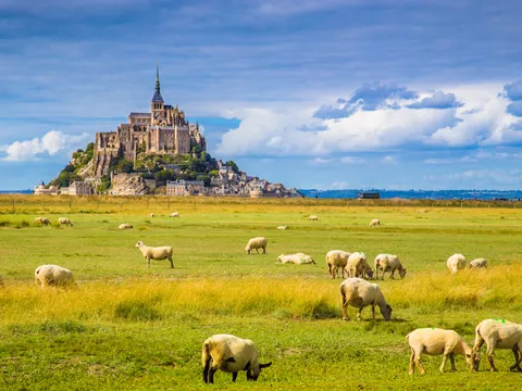 Mont Saint-Michel en Normandía, Francia, rodeado de praderas verdes con ovejas pastando bajo cielo parcialmente nublado.