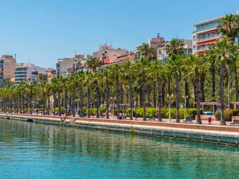 Paseo marítimo de Alicante con palmeras junto al agua en un día soleado