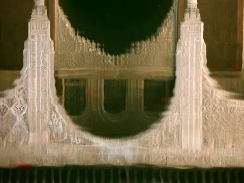 Reflejo distorsionado de la arquitectura de la Alhambra de Granada.