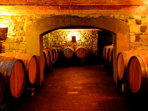 Bodega tradicional en la Toscana, Italia, con barricas de madera alineadas en una sala de piedra iluminada con luz cálida.