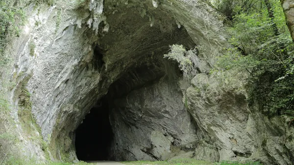 Entrada amplia de la cueva Cullalvera rodeada de roca y vegetación en un entorno natural