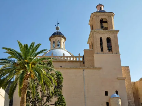 Catedral de San Nicolás con cúpula azul y palmera en el centro de Alicante