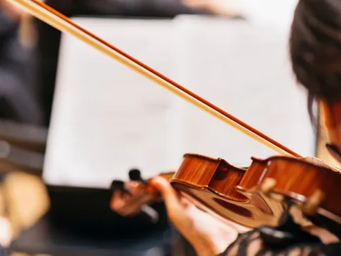 Manos tocando un violín durante un concierto en Viena, en primer plano, con la partitura desenfocada al fondo.