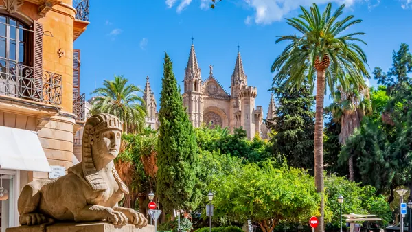 Centro de Palma, con la catedral al fondo y palmeras que le dan un toque tropical a la ciudad.