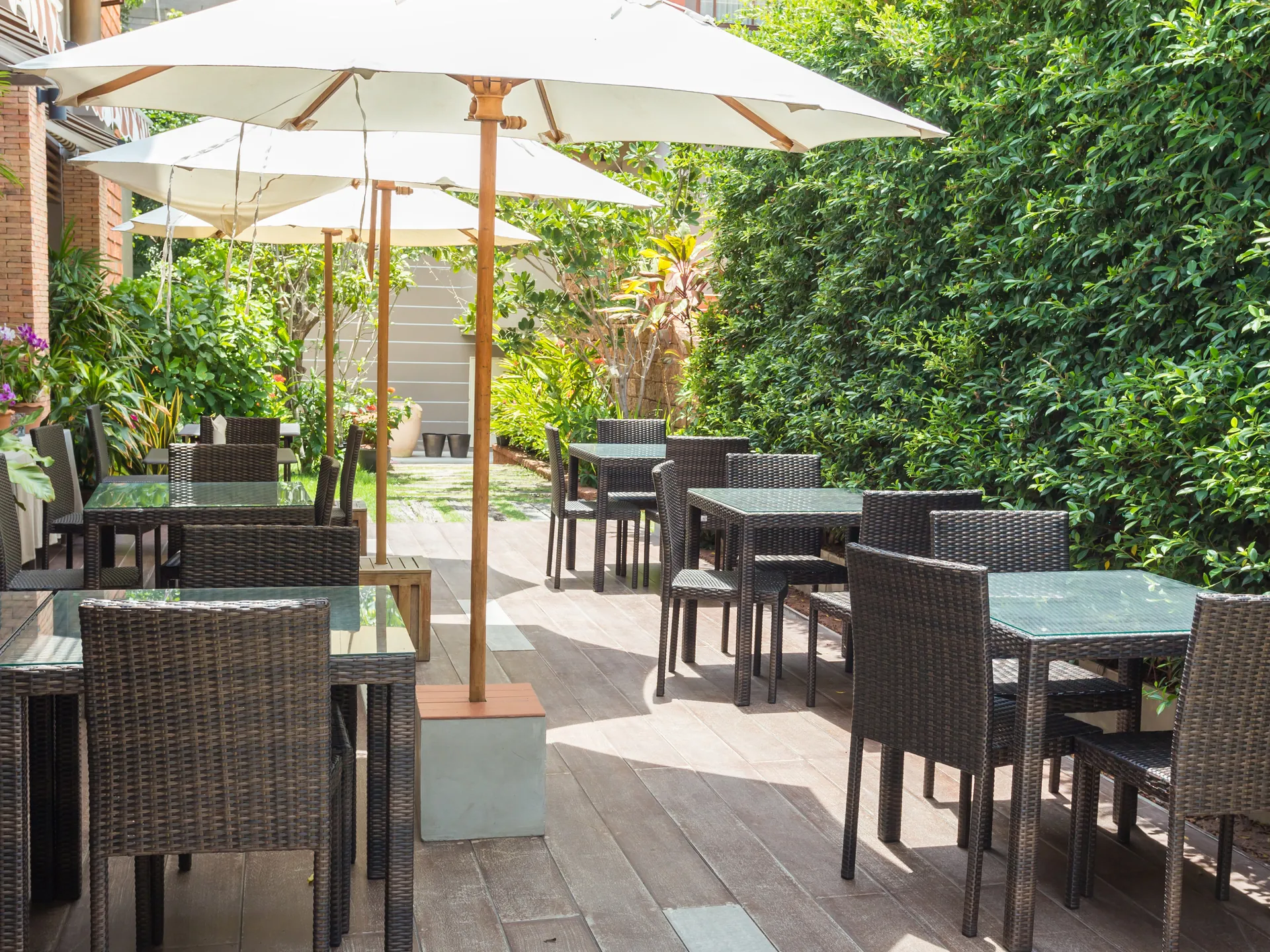 Terraza con vegetación y sombrillas en Santiago de Compostela - Mejores terrazas de Santiago - Blog - Buendía Tours