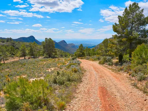 Camino off-road en la Sierra Calderona rodeado de montañas y vegetación.