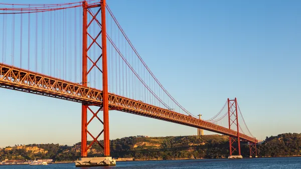 Puente 25 de Abril al atardecer sobre el río Tajo en Lisboa.