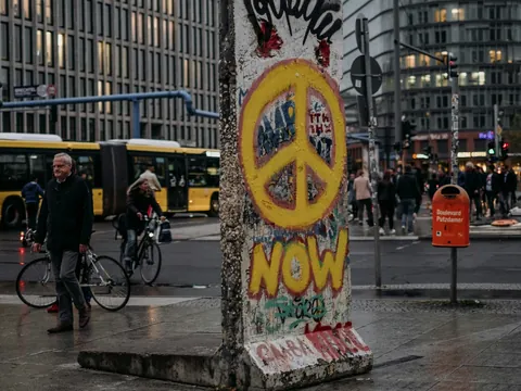 Fragmento del Muro de Berlín con símbolo de paz en Potsdamer Platz.