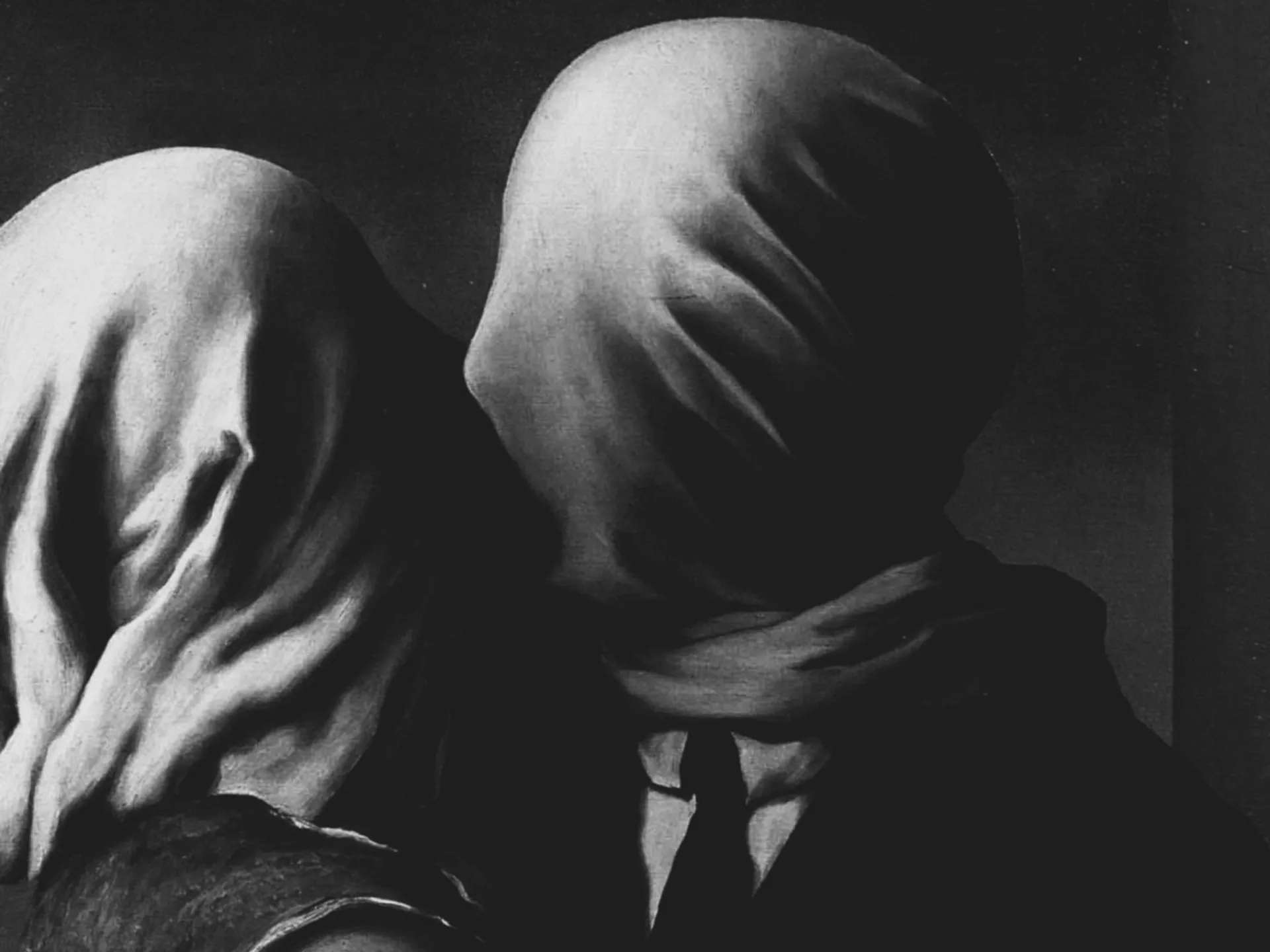 Pareja con rostros velados besándose, Los Amantes de René Magritte.