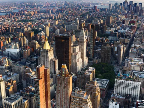 Vista aérea de rascacielos en Manhattan, Nueva York, Estados Unidos