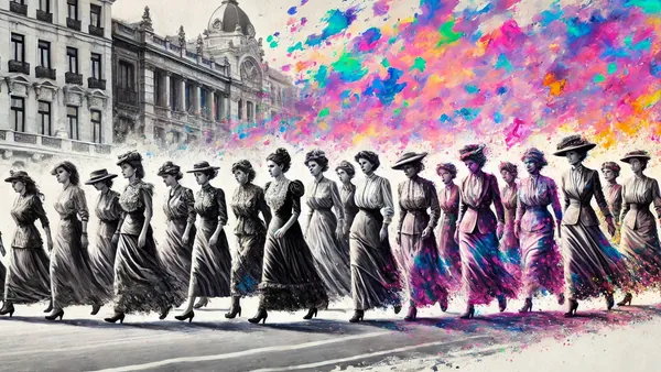 Grupo de mujeres protagonizando una lucha en las calles de Madrid en blanco y negro.