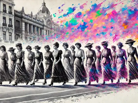 Grupo de mujeres protagonizando una lucha en las calles de Madrid en blanco y negro.