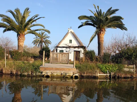 Barraca valenciana tradicional entre palmeras a orillas de la Albufera de Valencia
