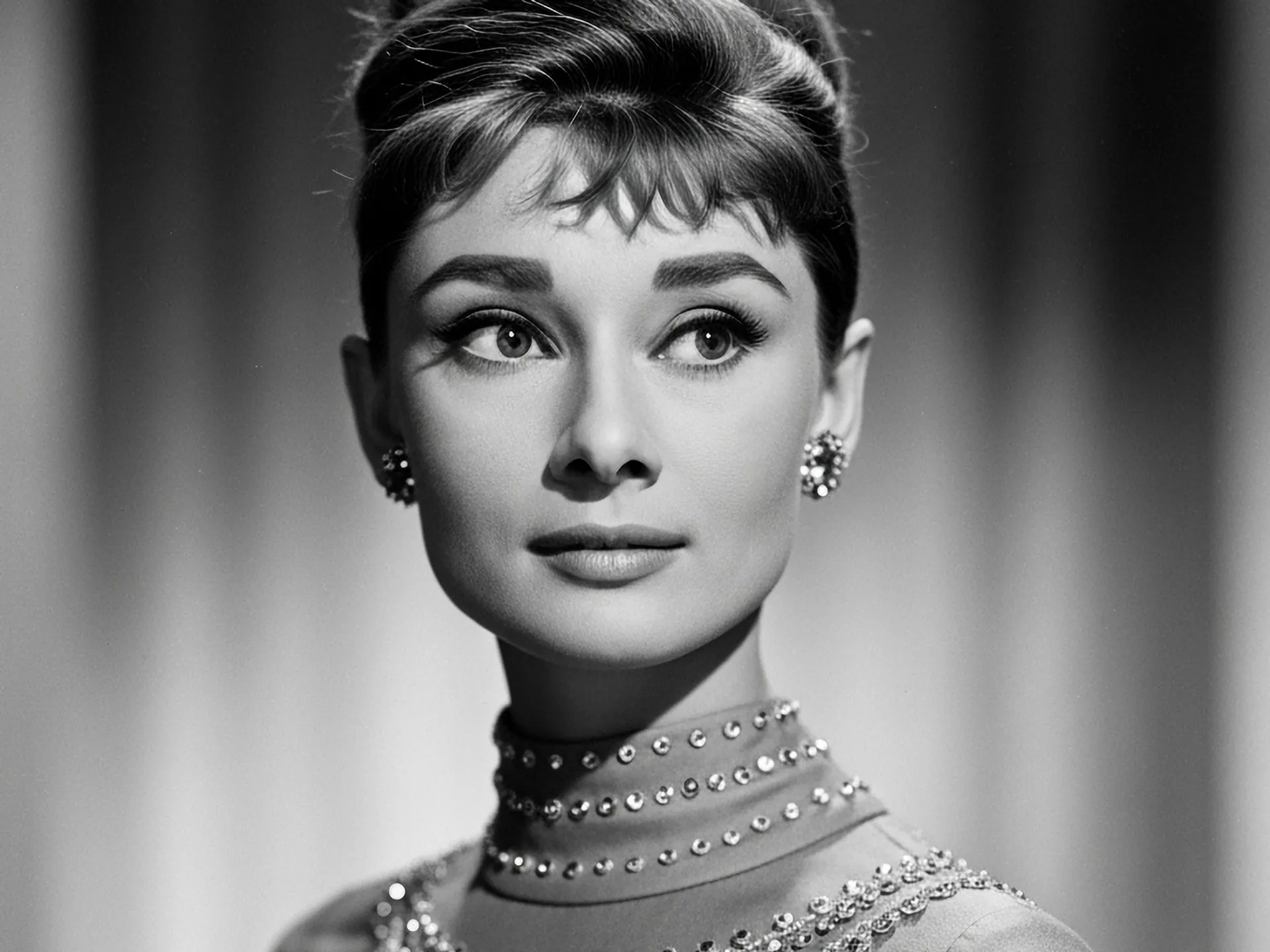 Retrato de Audrey Hepburn con moño y vestido de gala en un estudio de Bruselas