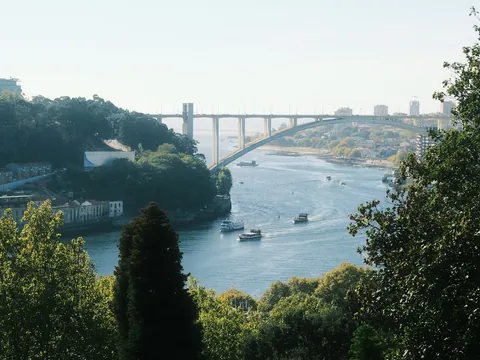 Puente de Arrábida sobre el río Duero con barcos y vegetación en Oporto.