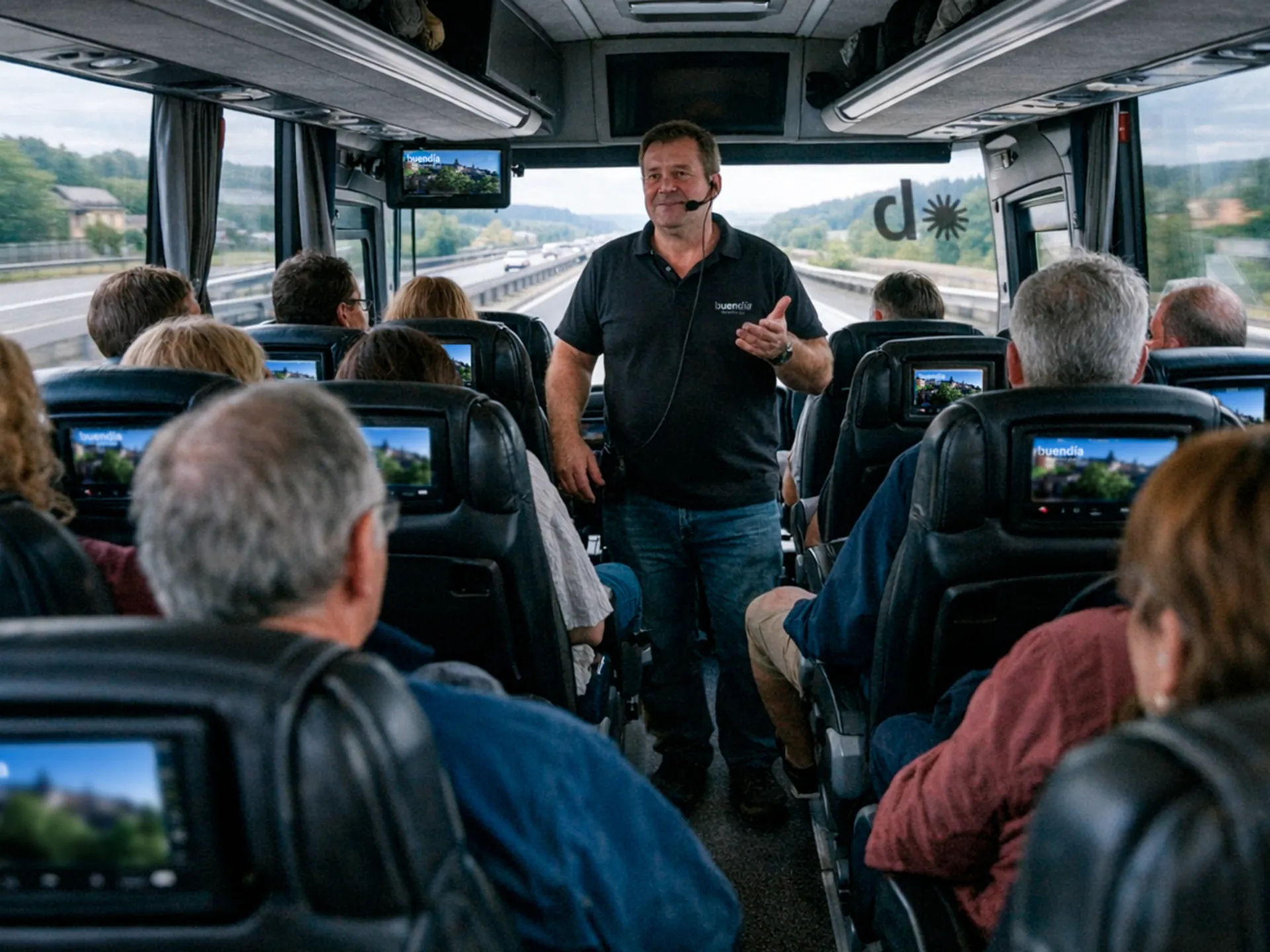 Guía explicando a viajeros en el interior de un autobús de buendía