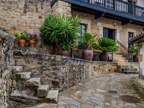 Calle empedrada con casas tradicionales y plantas en macetas en Lastres, Asturias.