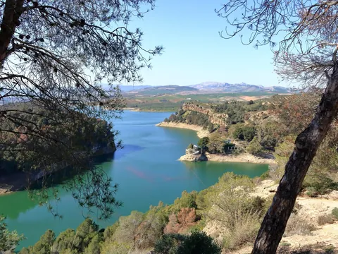 Vista del pantano de El Chorro desde un mirador entre pinos, destacando el paisaje natural de Málaga