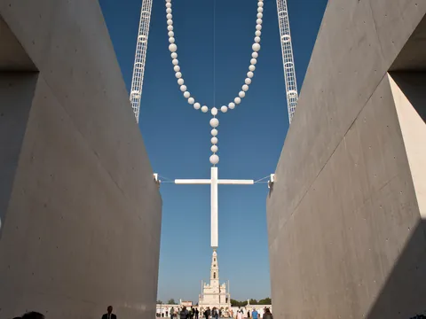 Rosario gigante suspendido entre muros de hormigón en el Santuario de Fátima
