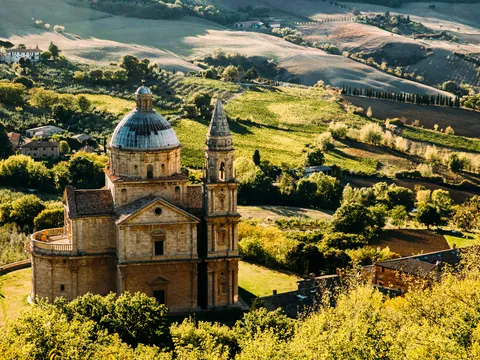 Templo de San Biagio desde el Mirador de Montepulciano. Iglesia renacentista del siglo XVI ubicada en las afueras