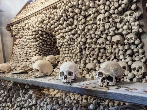 Estante con calaveras y una pared cubierta de huesos en el Osario de Sedlec, Kutná Hora.