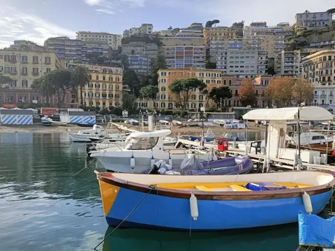 Vista del puerto con embarcaciones tradicionales y la ciudad de fondo