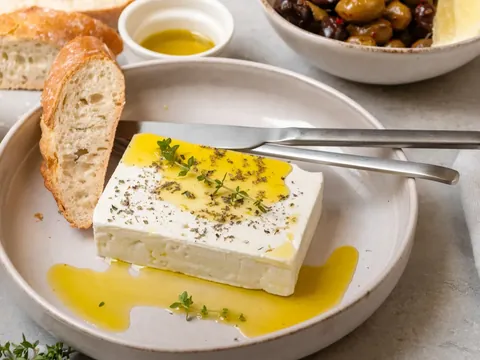 Bloque de queso feta con aceite de oliva, orégano y pan artesano en Atenas